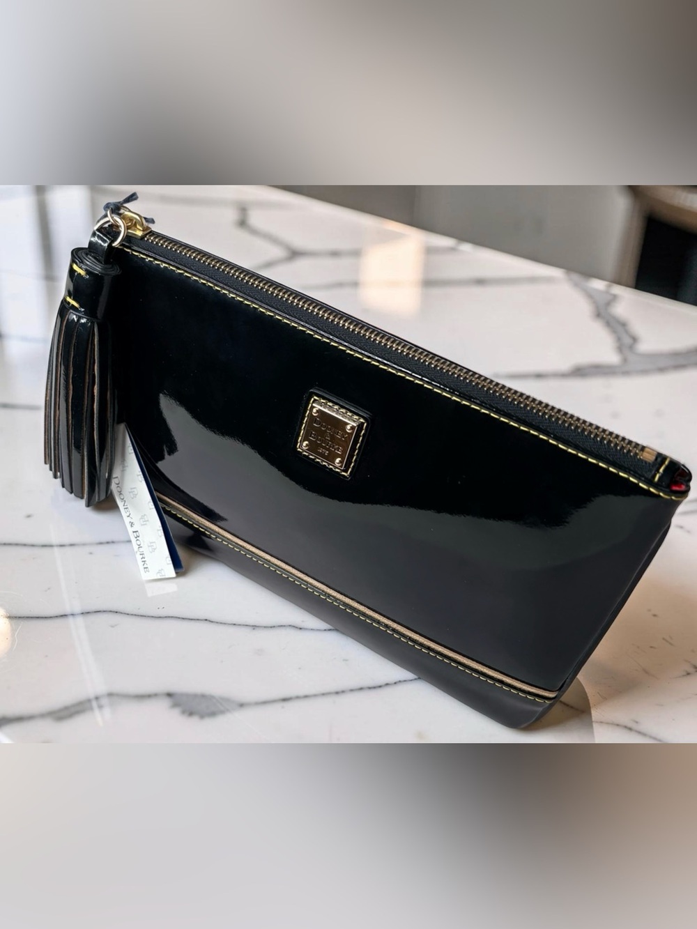 NWT Dooney & Bourke Black Patent Leather Clutch Wristlet Bag Statement Tassel - Picture 7 of 16